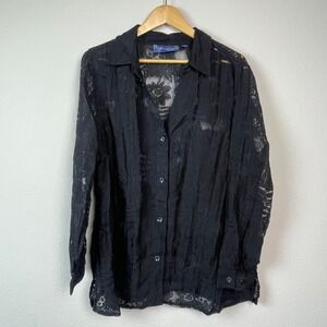 Susan Graver Style Black Sheer Floral Burnout Button Down Shirt Plus Size 1X